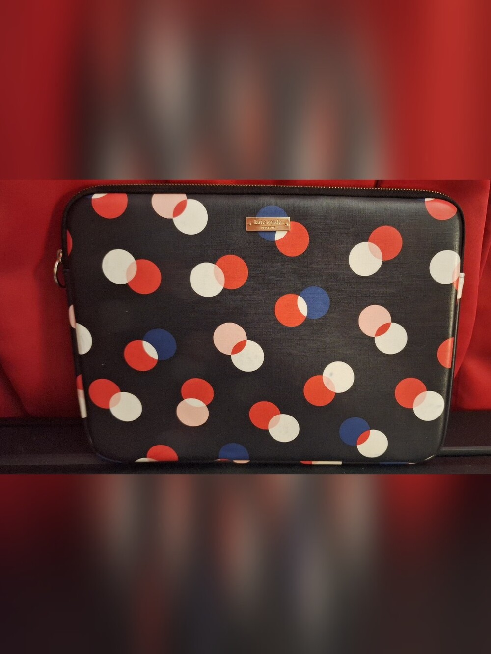 Kate Spade Polka Dot Laptop Sleeve - Black with Red, White & Blue Dots Leather